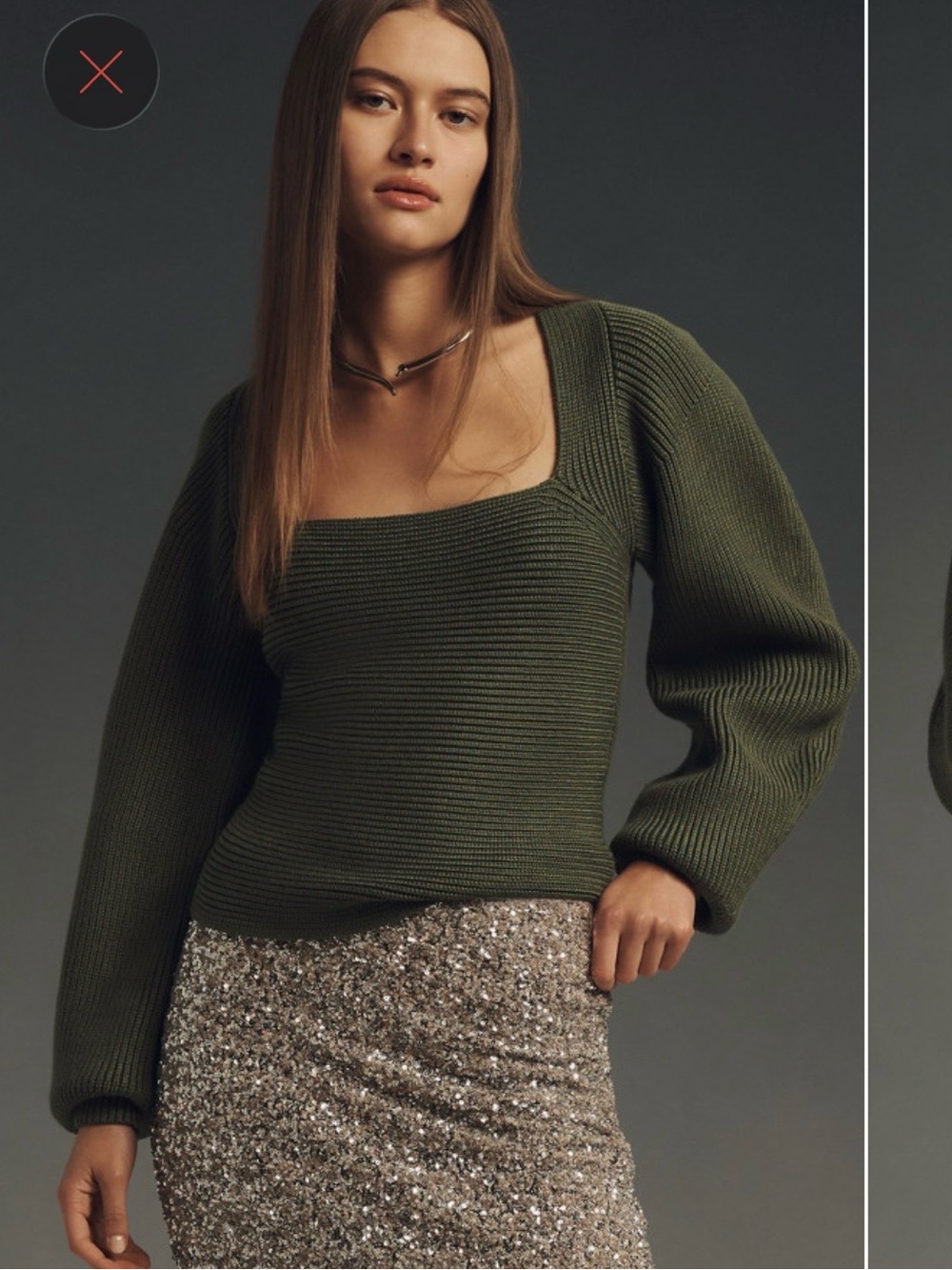 Anthropologie Olive Green Square Neck Puff Sleeve Sweater